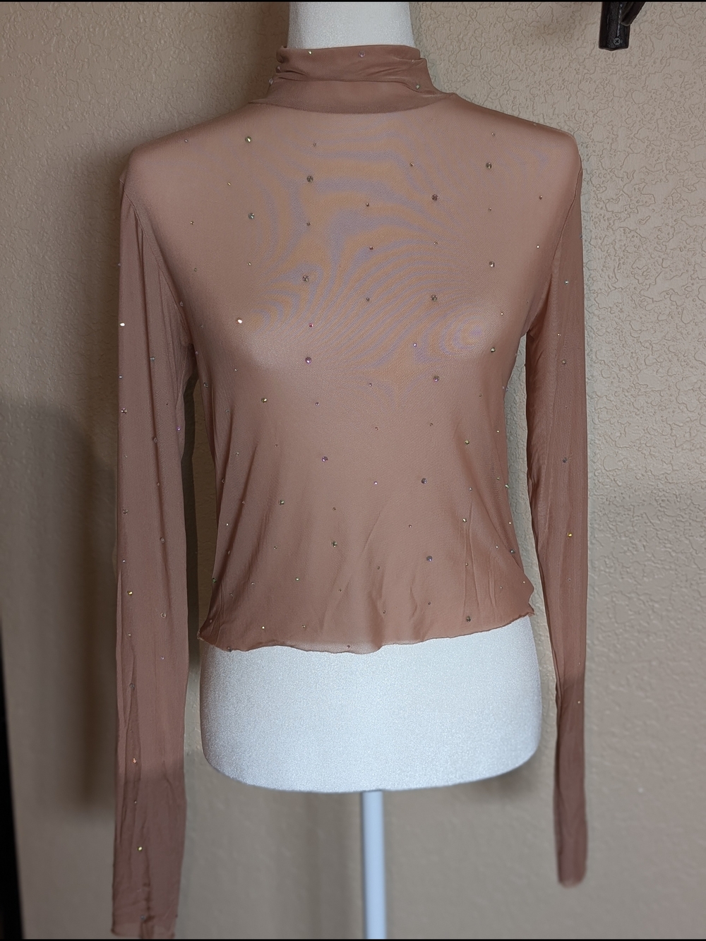 wild fable Sheer Mock Neck Long-Sleeve Top in Taupe with Rhinestones